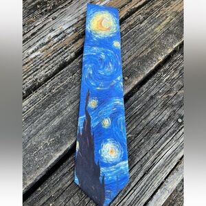 Starry Night Van Gogh Ralph Marlin Polyester Tie Blue Yellow Floral Vintage 90s